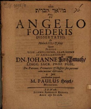 Mal'aḵ hab-berît Sive De Angelo Foederis Dissertatio : Ex Malach. III,1 & seqq.