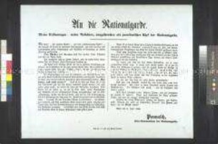 Maueranschlag: Programmatischer Aufruf des Oberkommandanten der Nationalgarde Pannasch an die Mitglieder der Nationalgarde anlässlich seiner Amtsübernahme; Wien, 3. Juni 1848