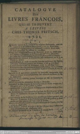 Catalogue Des Livres Francois, Qui Se Trouvent A Leipzig Ches Thomas Fritsch, 1721