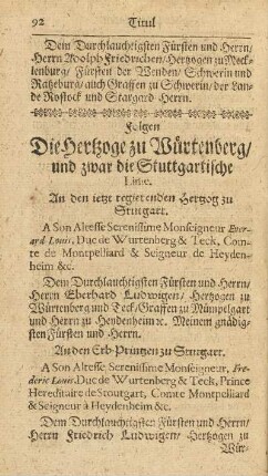 Die Hertzoge zu Würtenberg/ und zwar die Stuttgartische