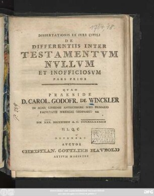 Dissertationis Ex Ivre Civili De Differentiis Inter Testamentvm Nvllvm Et Inofficiosvm Pars Prior