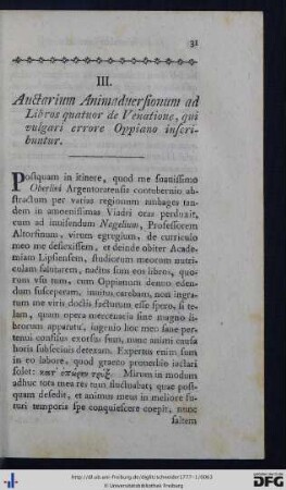 III. Auctarium Animadversionum ad Libros quatuor de Venatione, qui vulgari errore Oppiano inscribuntur.