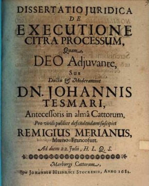 Diss. iur. de executione citra processum