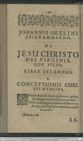 Johannes Oexlini Epigrammatum De Jesu Christo Dei Virginis Que Filio. Liber Secundus