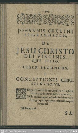 Johannes Oexlini Epigrammatum De Jesu Christo Dei Virginis Que Filio. Liber Secundus