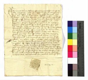 1444 Jan. 14 (St. Felix des heiligen Priesters Tag) Hans Sümer, gefangengesetzt im Deutschen Haus zu Mergentheim und von Jost von Venningen, Komtur zu Mergentheim, begnadigt, schwört Urfehde. Sr.: Junker Ittel Merthin Ausf. Pap. - 1 Pap.-Sg. - Rv.: Ein brieff von Hannßen Sümern, der mit Clawßen Glasern in gefencknisse gelegt ward
