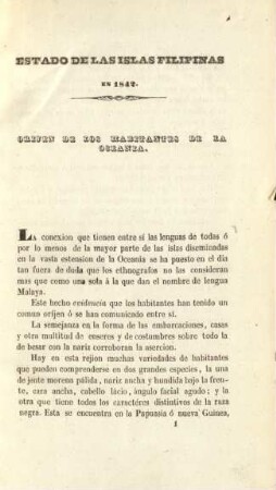 Estado de las islas Filipinas en 1842. Orijen de los habitantes de la Oceania