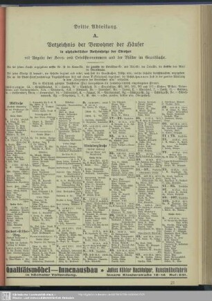 Dritte Abteilung. Häuserbuch und Straßenverzeichnis : III. Straßen und Häuser sowie deren Bewohner