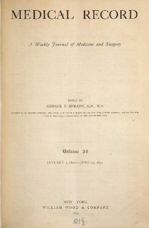 Medical record : a monthly journal of medicine and surgery. 39. 1891