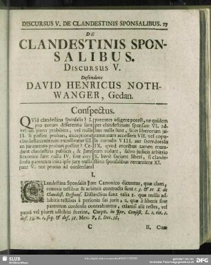 De Clandestinis Sponsalibus, Discursus V. Defendens David Henricus Nothwanger, Gedan.