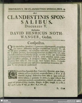 De Clandestinis Sponsalibus, Discursus V. Defendens David Henricus Nothwanger, Gedan.