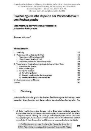 Psycholinguistische Aspekte der Verständlichkeit von Rechtssprache. Vereinfachung des Verstehensprozesses bei juristischer Fachsprache