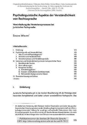 Psycholinguistische Aspekte der Verständlichkeit von Rechtssprache. Vereinfachung des Verstehensprozesses bei juristischer Fachsprache