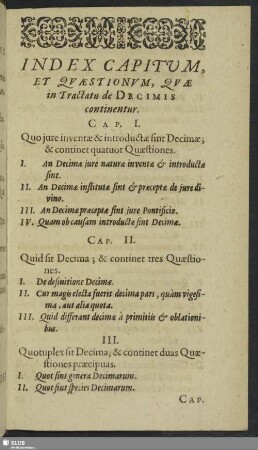 Index Capitum, Et Quaestionum, Quae in tractatu de Decimis continentur