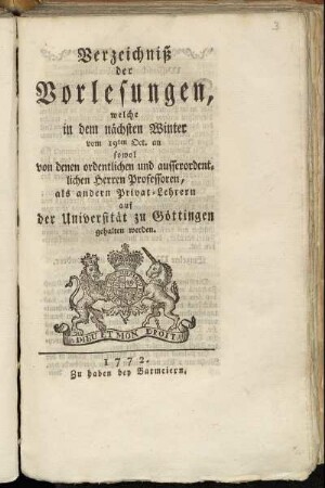 WS 1772: Verzeichnis der Vorlesungen // Georg-August-Universität Göttingen