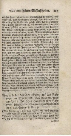 Almanach der deutschen Musen, auf das Jahr 1776.