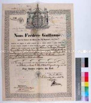 Preußischer Reisepass No. 411 für Fanny von Boyen und Familie sowie ihre Bediensteten nach Österreich, Italien und Frankreich (in französischer Sprache)