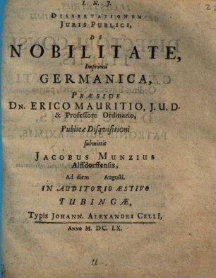 Dissertationem Iuris Publici, De Nobilitate, Inprimis Germanica