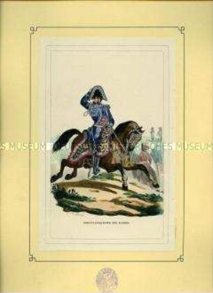 Uniformdarstellung, Ordonnanz-Offizier des Kaisers zu Pferd, Frankreich, 1804/1809. Tafel 13 aus: Bellangé: Die Soldaten der französischen Republik und des Kaiserreichs.