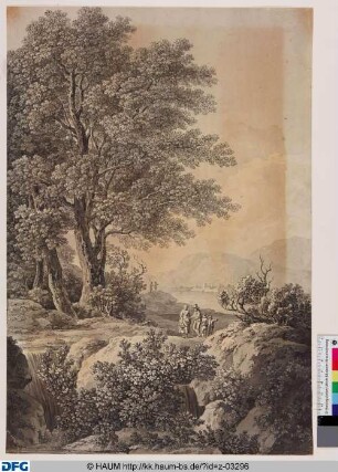 Waldlandschaft. Baumgruppe am Fluss im Gebirge, im Vordergrund Wasserfall und Figurengruppe / Landschaft mit wandernder Familie