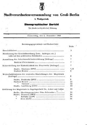 Nr. 92, 2. Dezember 1948, Außerordentliche Sitzung