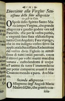 Divozione alla Vergine Santissima delle sette allegrezze che gode in Cielo. - Novena in onore dell´Angelo Custode.