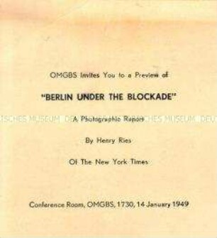 Einladung zur Fotoausstellung "Berlin under the Blockade" in Berlin 1969 - Nachlass