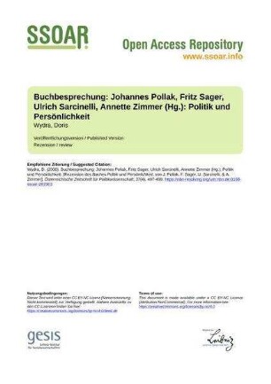 Buchbesprechung: Johannes Pollak, Fritz Sager, Ulrich Sarcinelli, Annette Zimmer (Hg.): Politik und Persönlichkeit