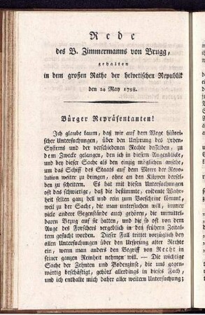 Rede des B. Zimmermanns von Brugg, gehalten in dem großen Rathe der helvetischen Republik den 24 May 1798.