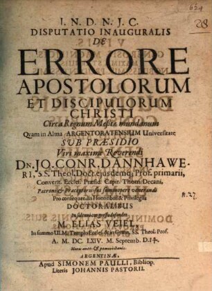 Disp. inaug. de errore apostolorum et discipulorum Christi circa regnum Messiae mundanum