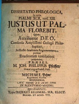 Diss. philol. in verba Psalmi XCII, vers. XIII Iustus ut palma florebit