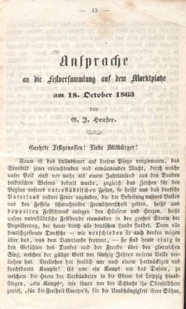 Ansprache an die Festversammlung auf dem Marktplatze am 18. October 1863