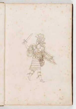 Krieger in Harnisch mit Schwert und Schild, in: Equestrium statuarum [...] formae [...] artificiosissime pictis, Bl. 5