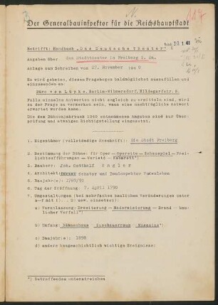 Stadttheater, Freiberg: Fragebogen für das Handbuch »Das Deutsche Theater«, vierseitiges Dokument