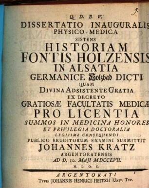 Diss. inaug. phys. med. sistens historiam fontis Holzensis in Alsatia, germ. Holzbad dicti