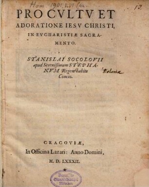 Pro cultu et adoratione Jesu Christi in eucharistiae sacramento ... concio