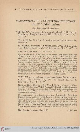 II. Wiegendrucke Holzschnittbücher des XV. Jahrhunderts (Nr. 9 - 25)