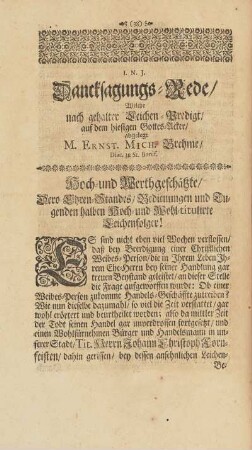 Dancksagungs-Rede, welche nach gehalter Leichen-Predigt, auf dem hiesigen Gottes-Acker, abgelegt