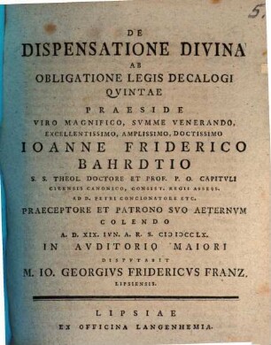 De Dispensatione Divina Ab Obligatione Legis Decalogi Qvintae