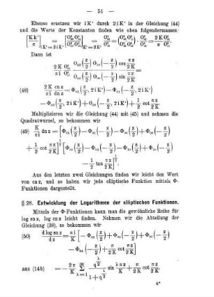 § 28. Entwicklung der Logarithmen der elliptischen Funktionen.