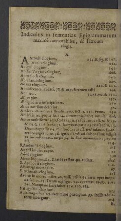 Indiculus in sententias Epigrammatum maximè memorabiles