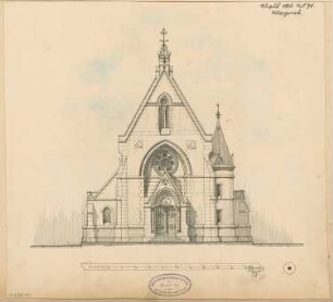 Erbbegräbnis, Langhelwigsdorf Monatskonkurrenz August 1884: Aufriss Vorderansicht 1:75; Maßstabsleiste