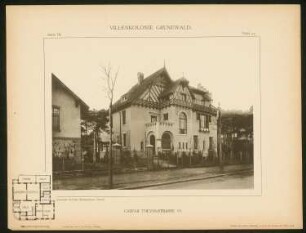 Villa Prof. Louis Jakoby, Berlin-Grunewald: Grundriss und Ansicht (aus: Die Villenkolonie Grunewald, hrsg. von Egon Hessling, Berlin 1903)