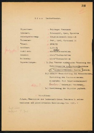 Landestheater, Linz: Schriftstück zum Fragebogen für das Handbuch »Das Deutsche Theater«