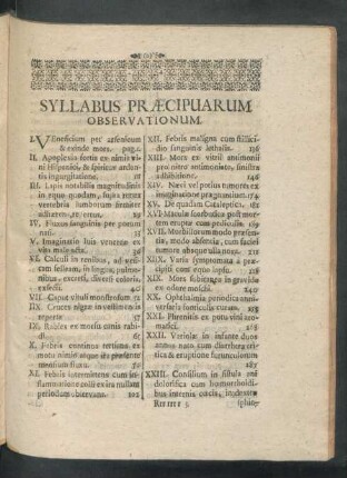Syllabus Praecipuarum Observationum.