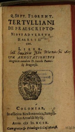 Liber de Praescriptionibus ... adversus haereticos