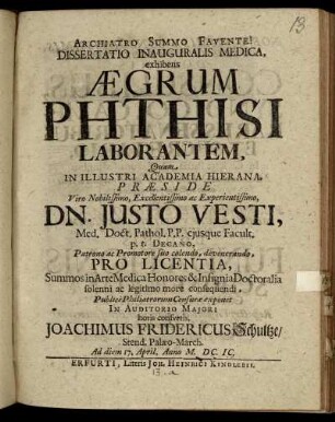 Dissertatio Inauguralis Medica, exhibens Aegrum Phthisi Laborantem