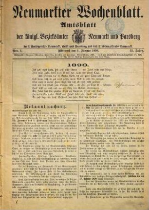 Neumarkter Wochenblatt : nationale Tageszeitung für die südwestliche Oberpfalz ; ältestes Heimatblatt ; Neumarkter Volkszeitung. 1890 = Jg. 55