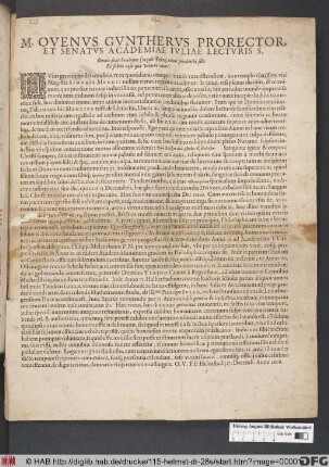 M. Ovenus Guntherus Prorector, Et Senatus Academiae Iuliae Lecturis S. : P.P. Helmstadii 17. Decemb. Anno 1606.