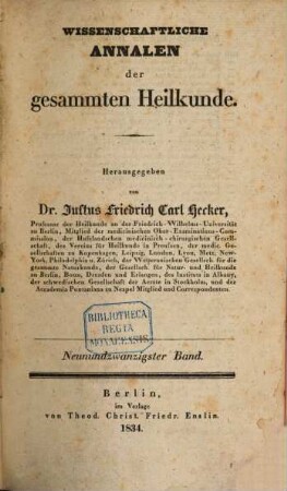 Wissenschaftliche Annalen der gesammten Heilkunde. 29. 1834